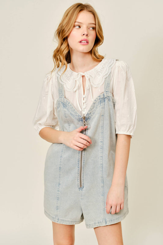 DENIM SLEEVELESS ROMPER WITH FRONT ZIPUP