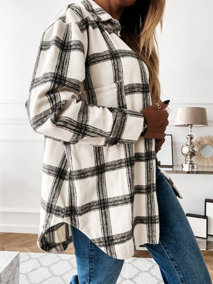 Plaid brushed shacket oversized button front