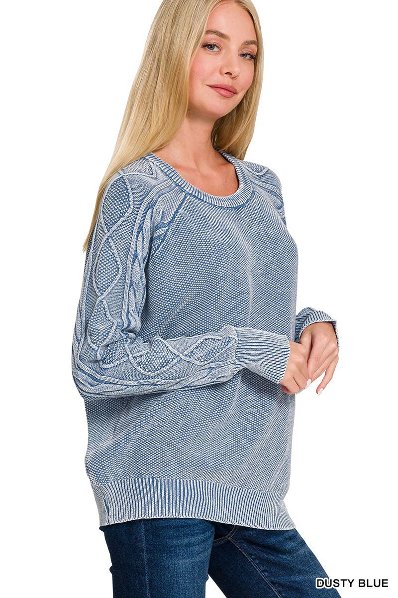 Washed Cable Sleeve Crewneck Sweater - Zenana