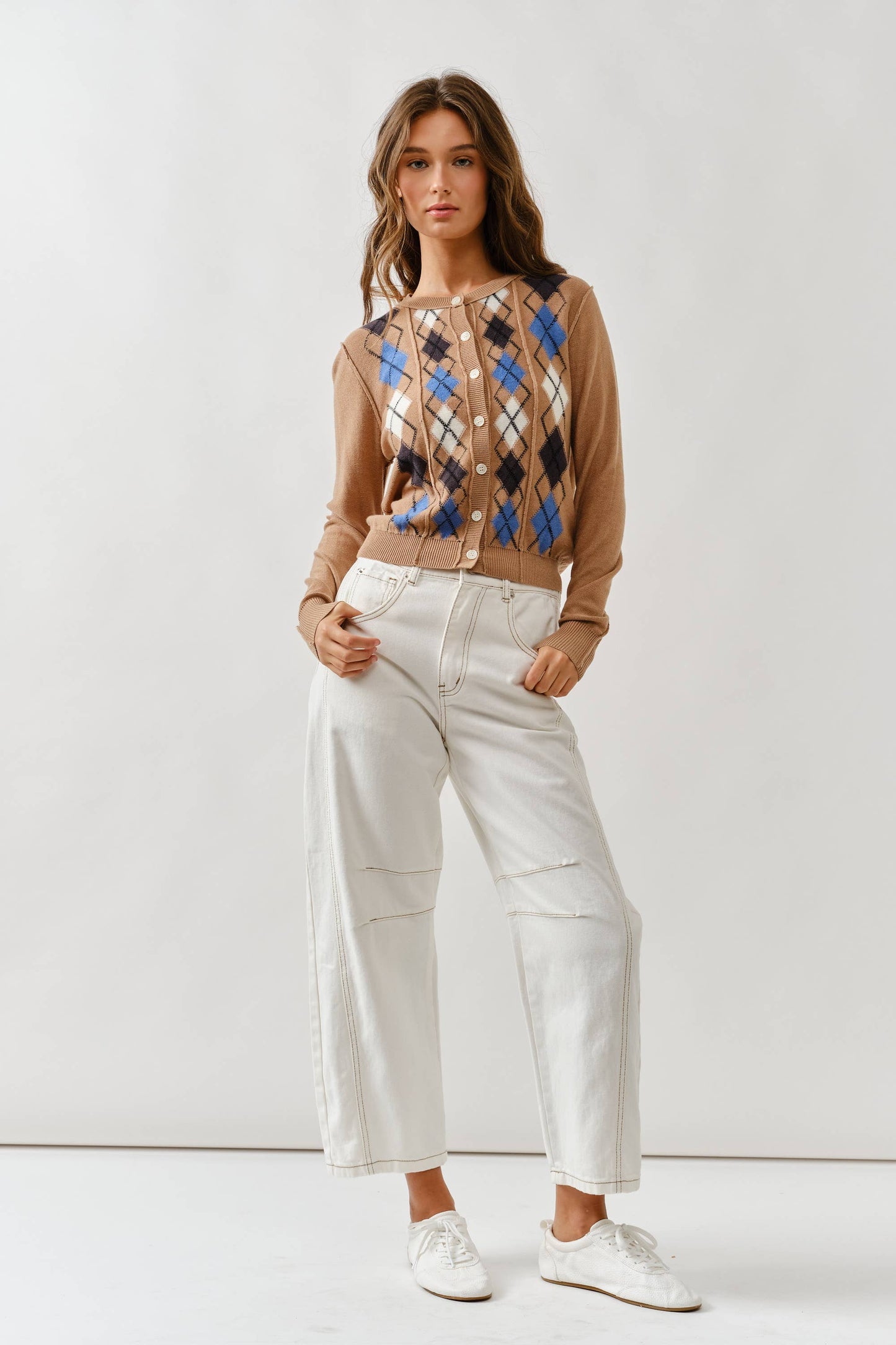 AJT5092 RELAXED FIT ARGYLE SWEATER CARDIGAN