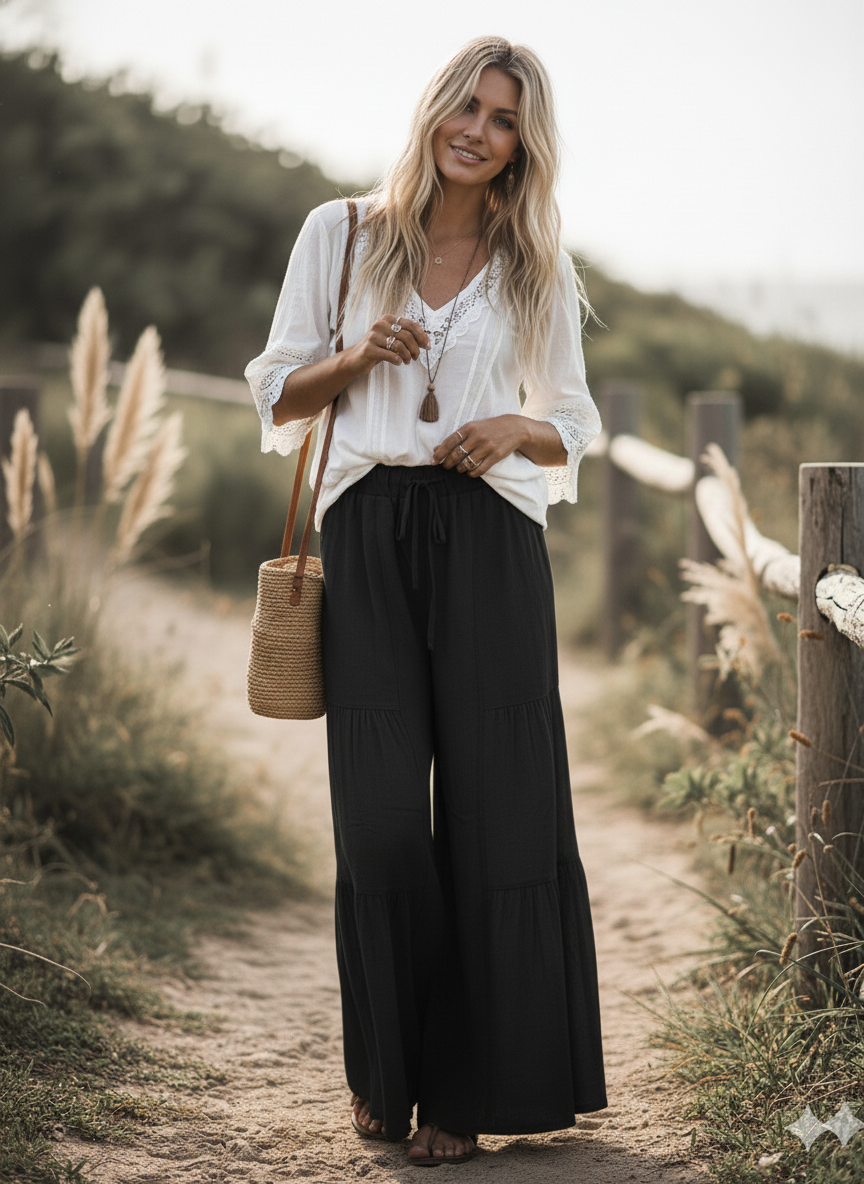 Linen Blend Tiered Wide Leg Palazzo Full Length Pants