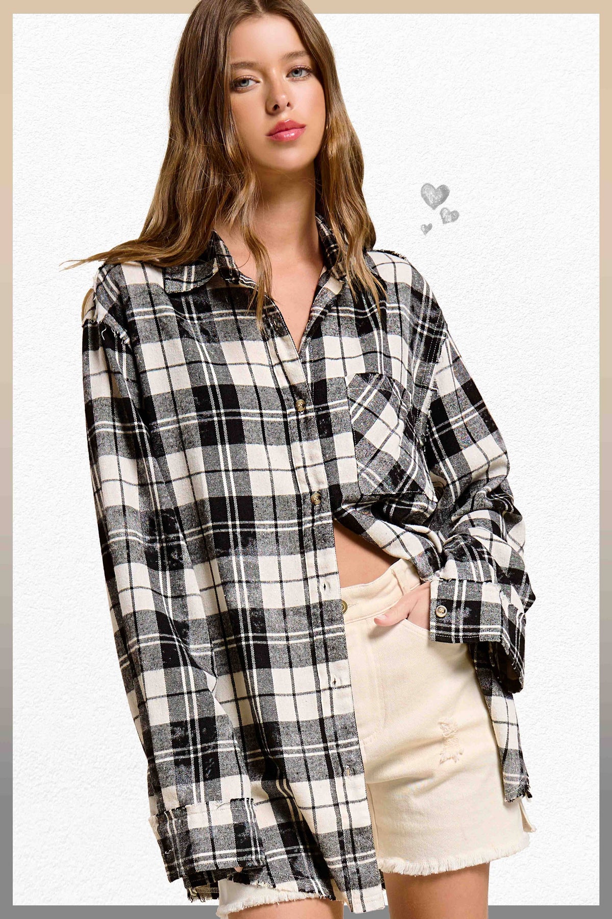 Plaid Acid Washed Cut Edge Button Down Shirt Fall