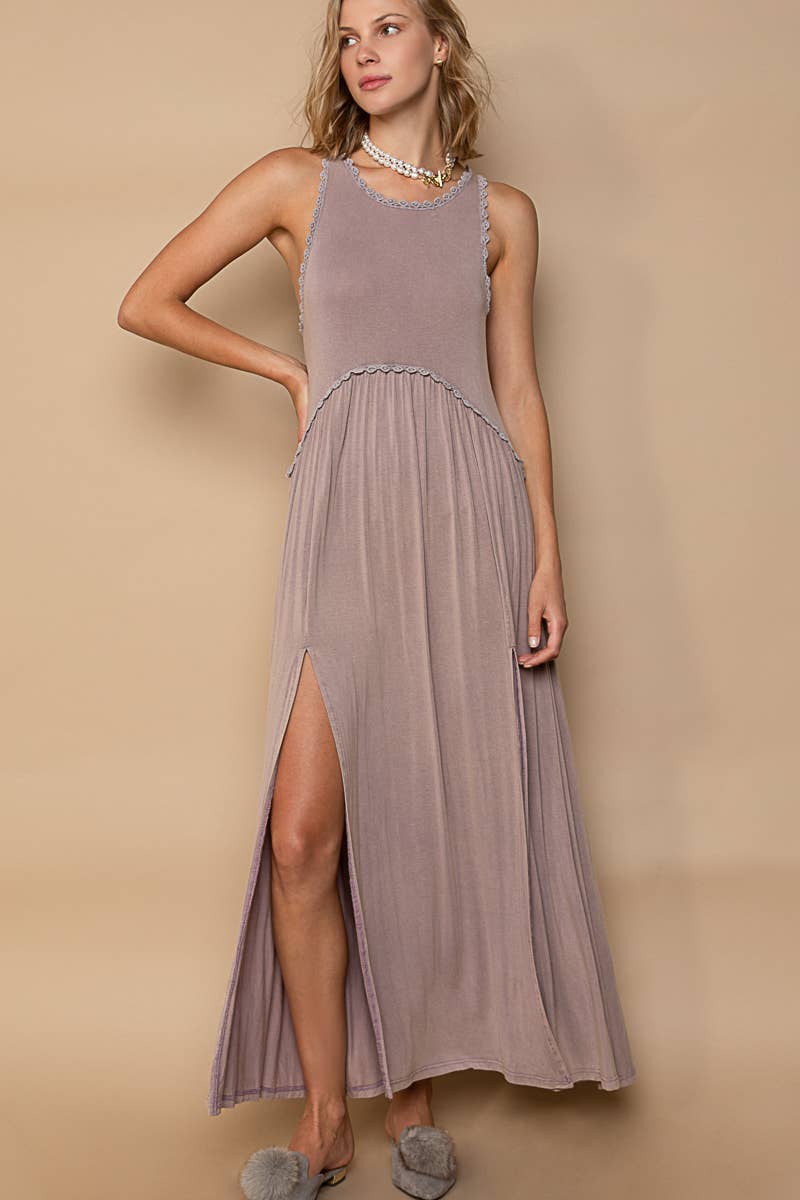 Sleeveless racerback back zipper front slit knit maxi dress