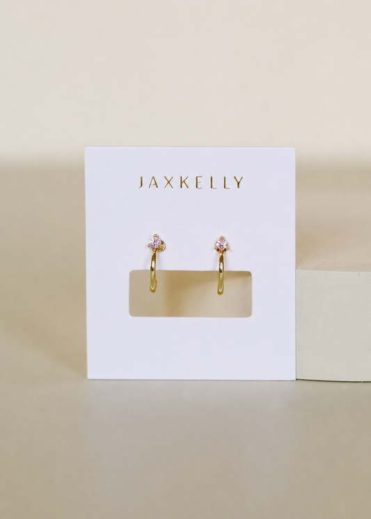 Open Mini Hoop - Pink CZ - Gold Earrings