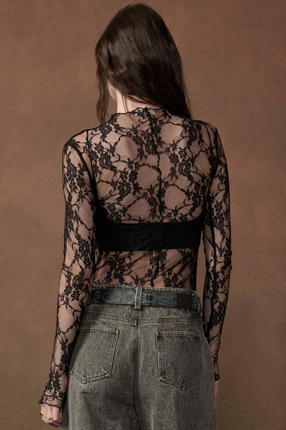 Sheer Floral Lace Mock-Neck Long-Sleeve Thumbhole Top