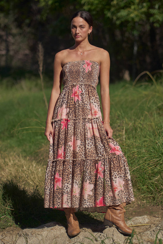 STRAPLESS SMOCKED TIERED MAXI DRESS