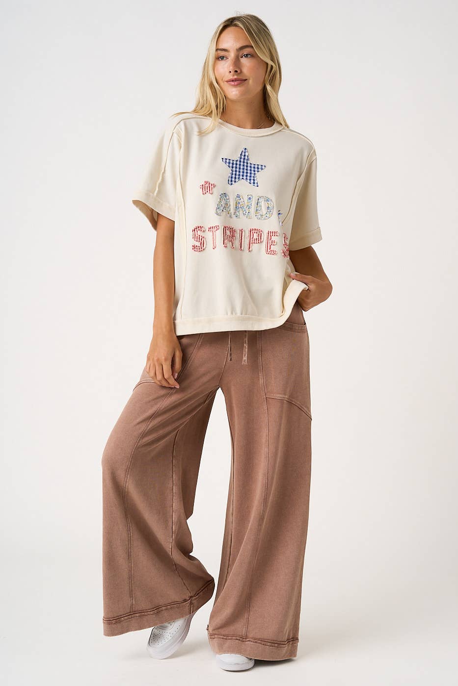 MINERAL WASH CURVED SEAM WIDE LEG PANTS