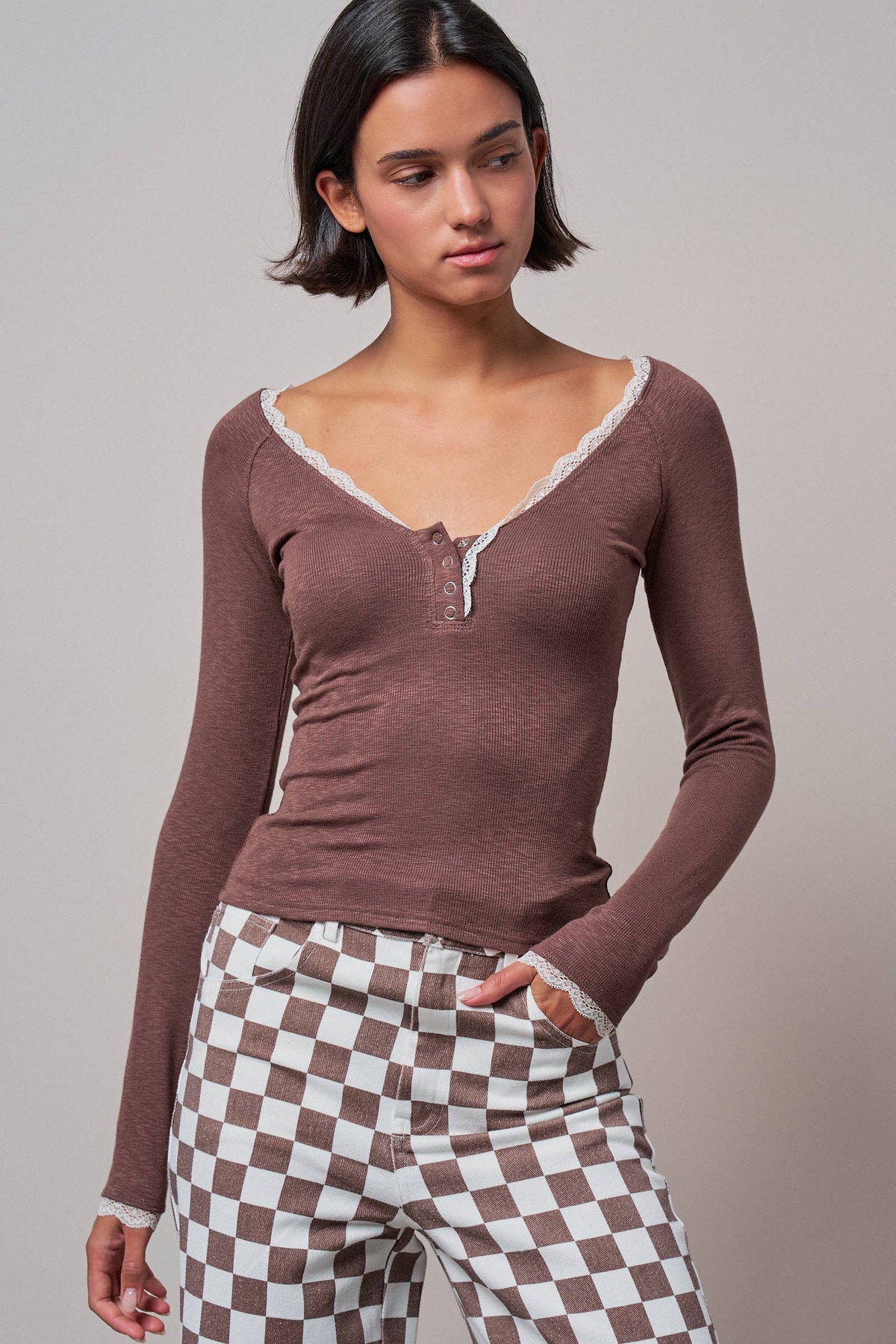 Lace Trim Slub Knit Henley Long Sleeve Top