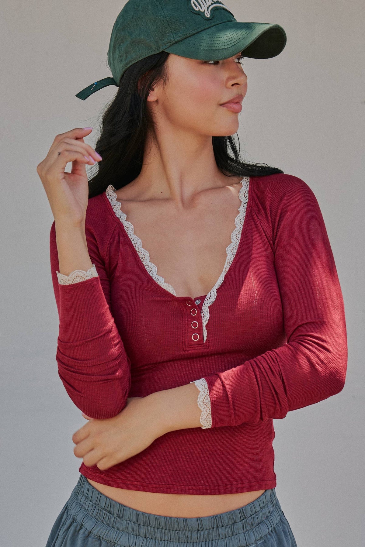 Lace Trim Slub Knit Henley Long Sleeve Top