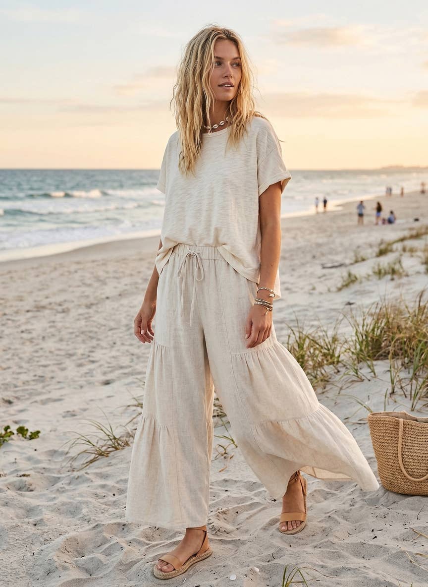 Linen Blend Tiered Wide Leg Palazzo Full Length Pants