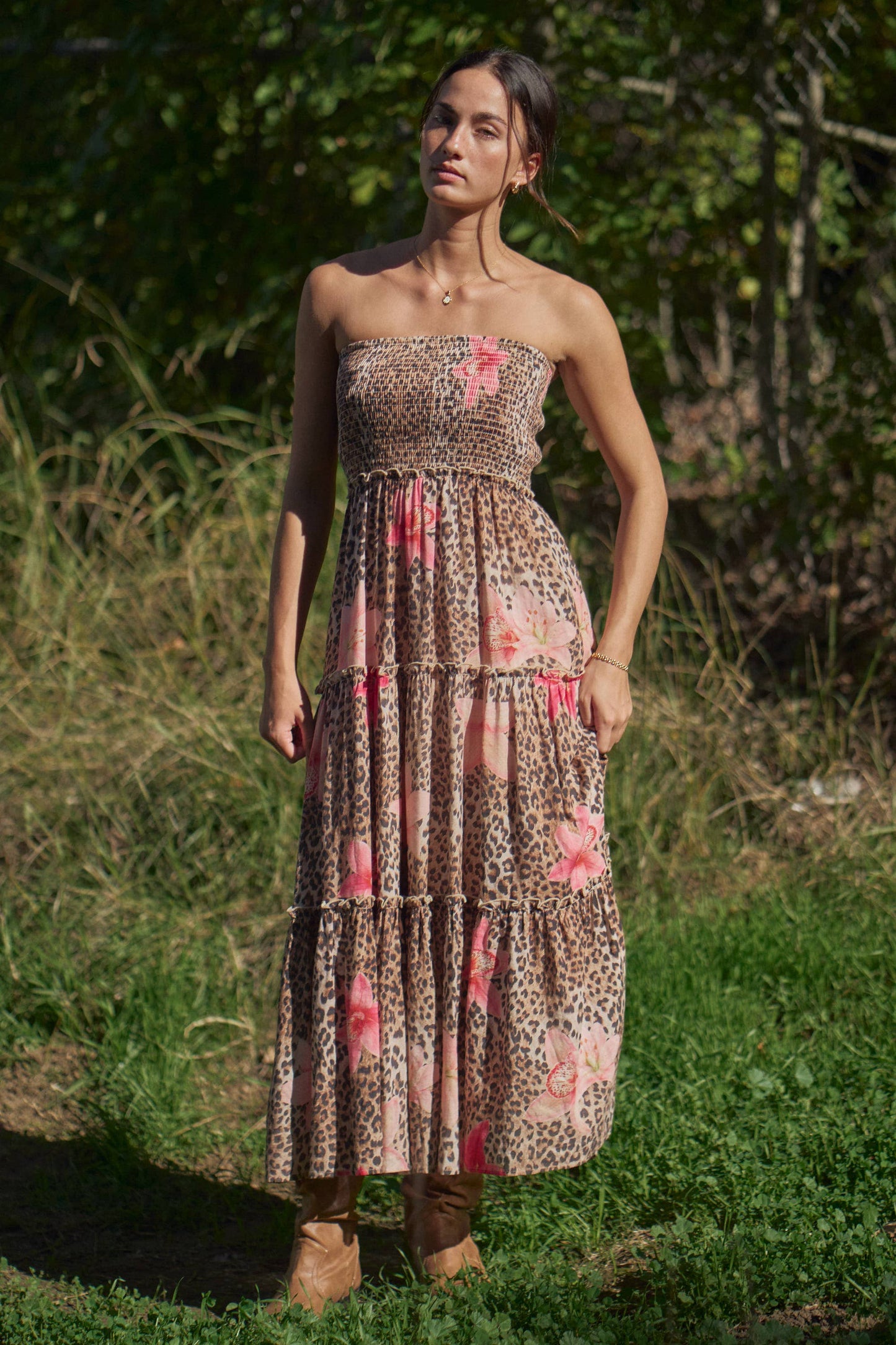 STRAPLESS SMOCKED TIERED MAXI DRESS
