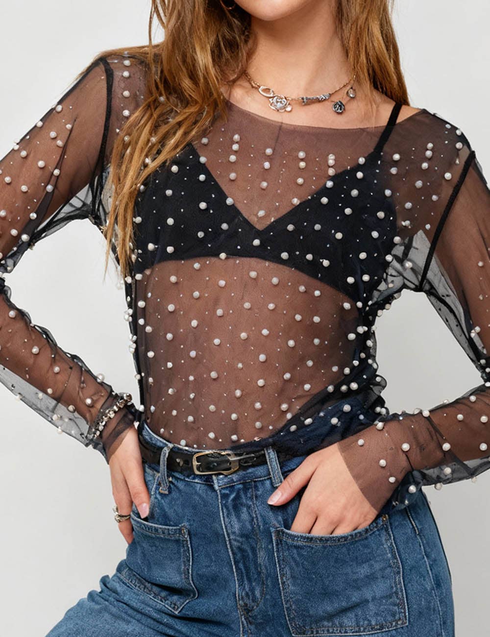 Pearl Rhinestone Studded See Through Mesh Crop Top SKT1976