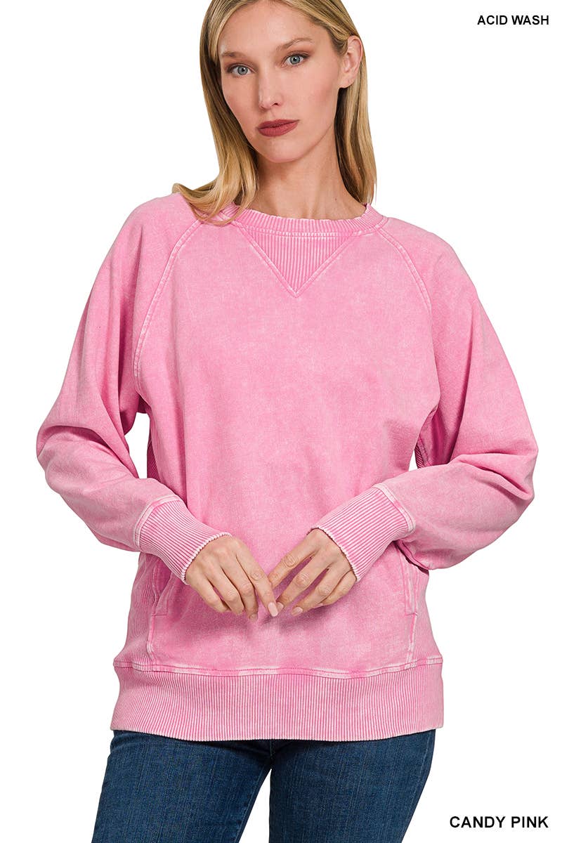 Acid Wash French Terry Pullover w// Pockets - Zenana