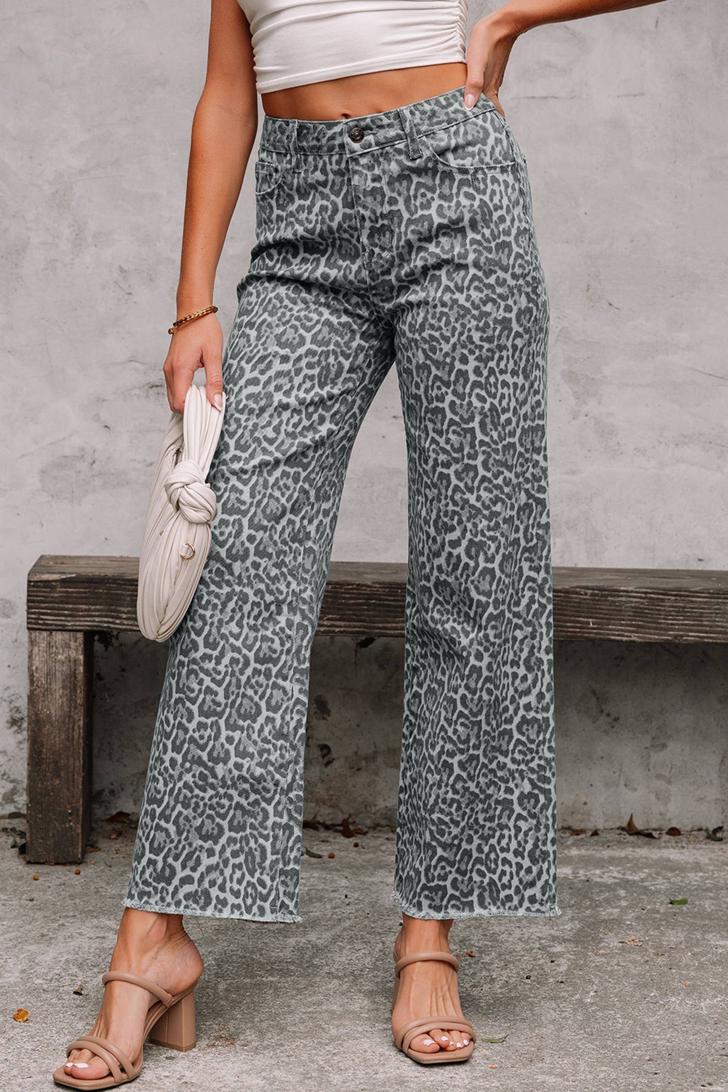 Leopard Frayed Edge Wide Leg High Waist Jeans