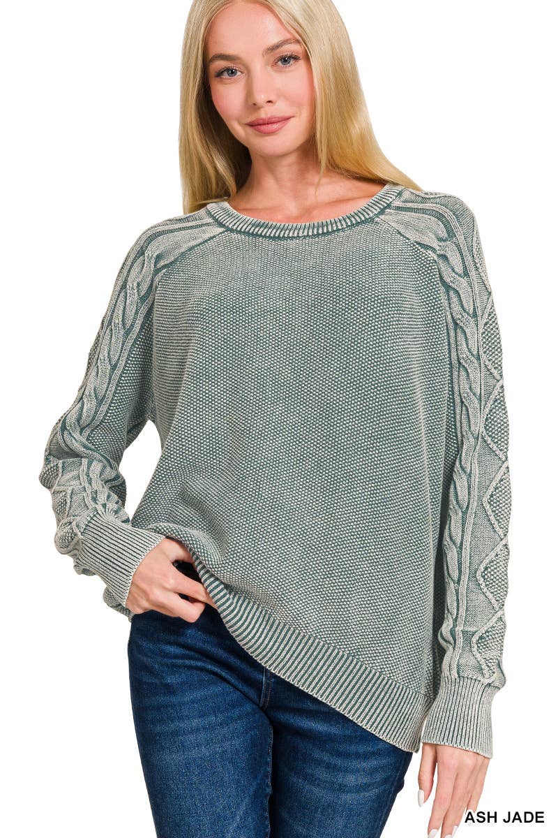 Washed Cable Sleeve Crewneck Sweater - Zenana