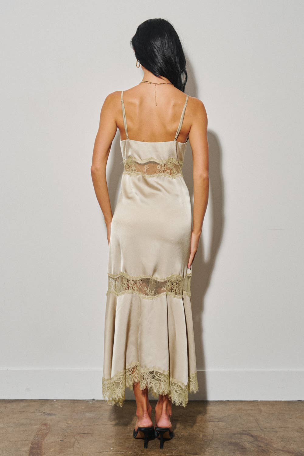 LADIES WOVEN SATIN LACE TRIM MAXI DRESS