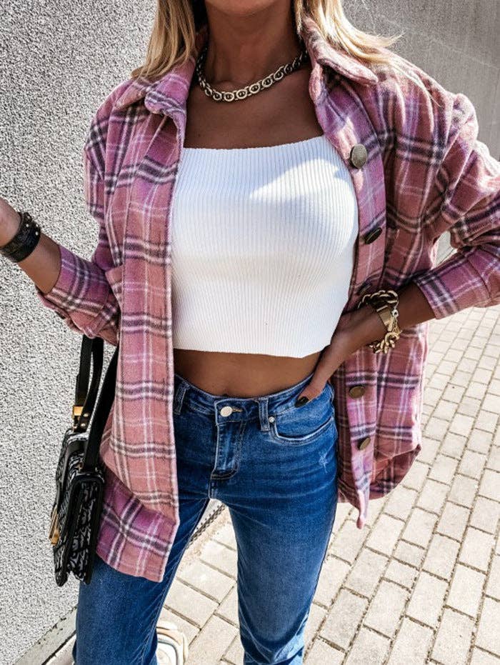 Plaid brushed shacket oversized button front