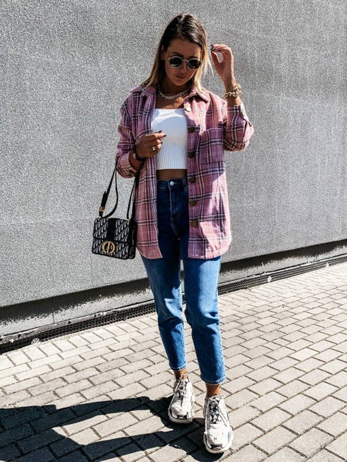 Plaid brushed shacket oversized button front