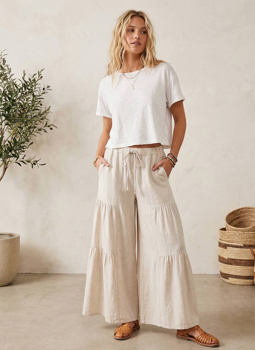 Linen Blend Tiered Wide Leg Palazzo Full Length Pants