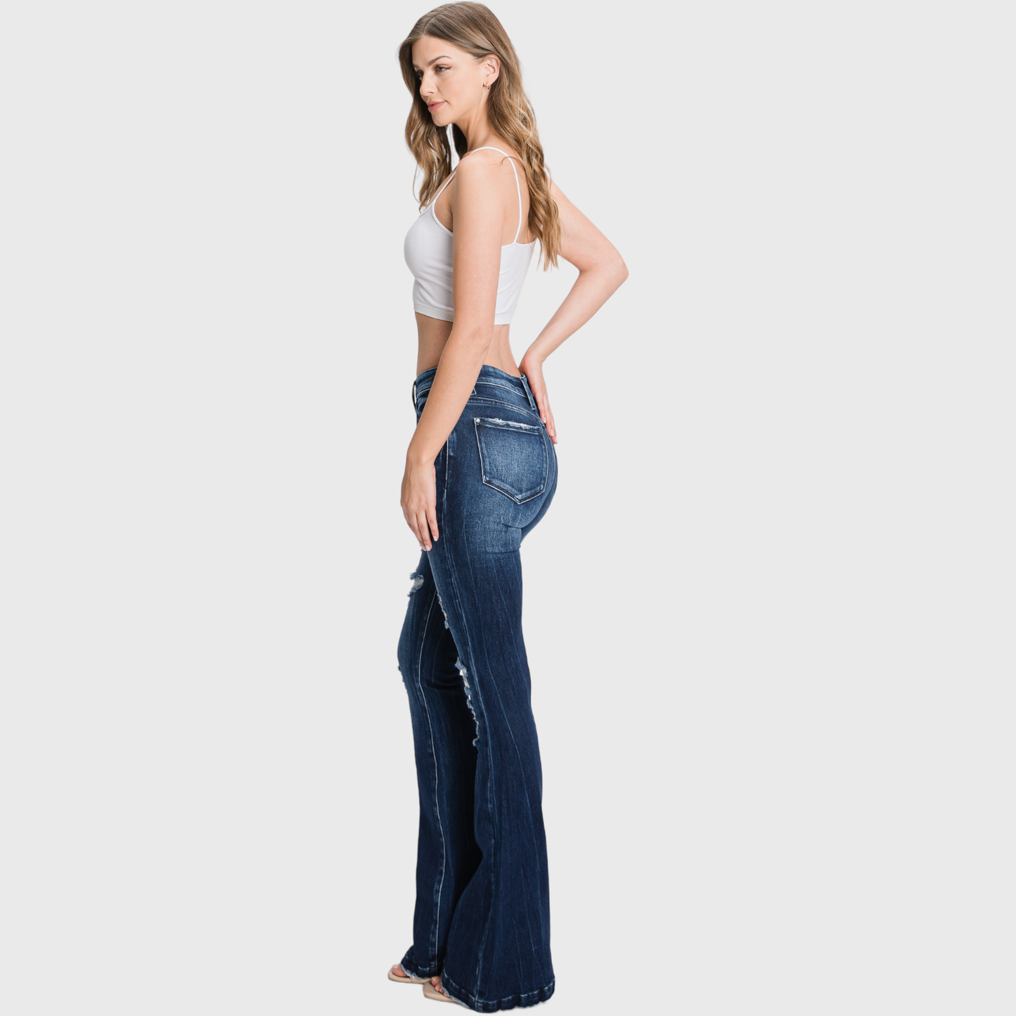 DISTRESSED MID RISE STRETCH FLARE