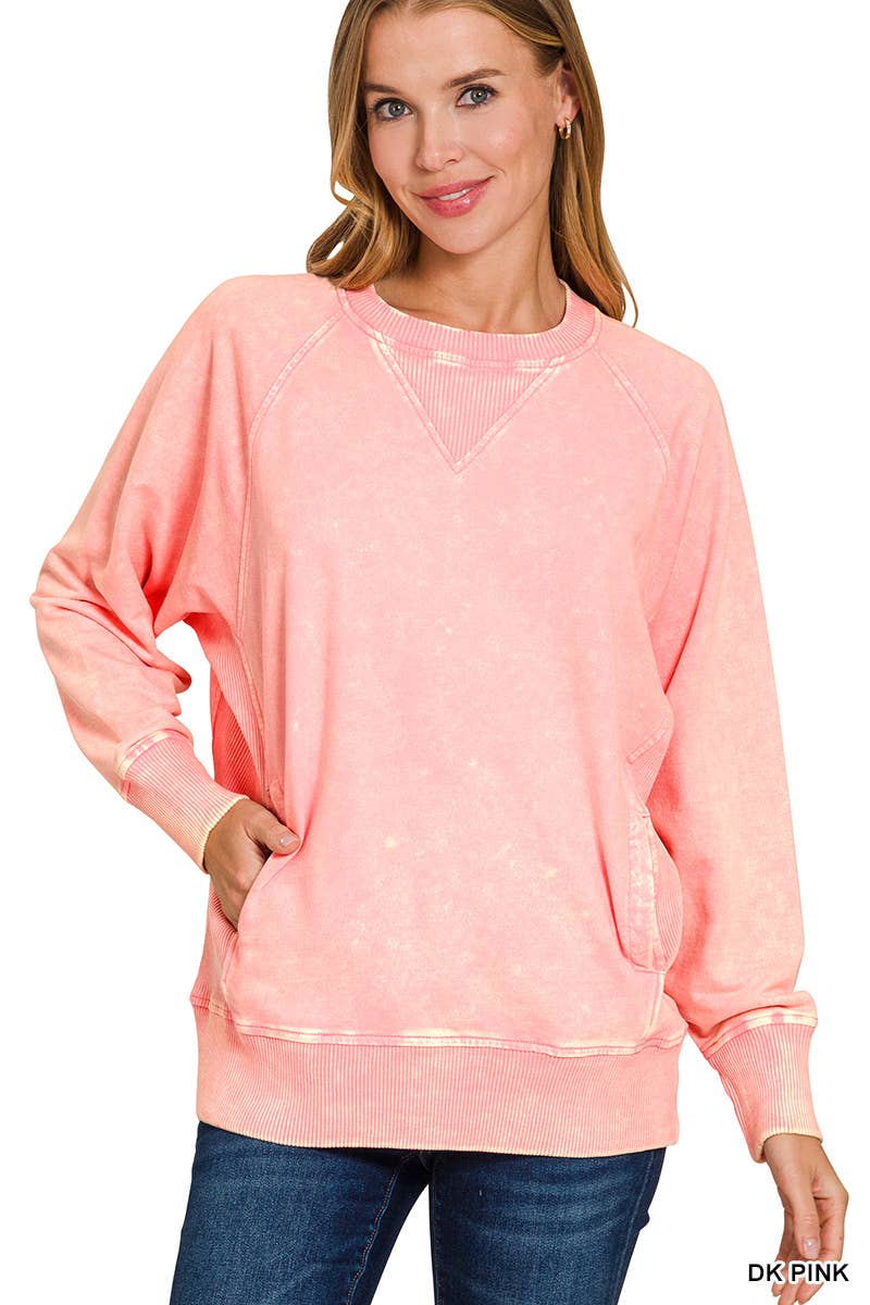 Acid Wash French Terry Pullover w// Pockets - Zenana