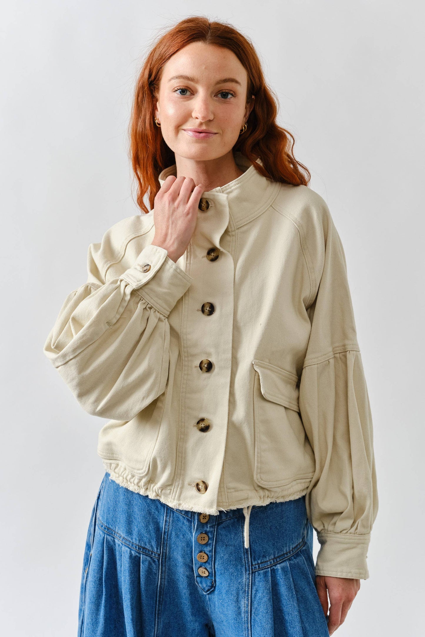 BALLON SLEEVE TWILL JACKET DRAWSTING WAIST