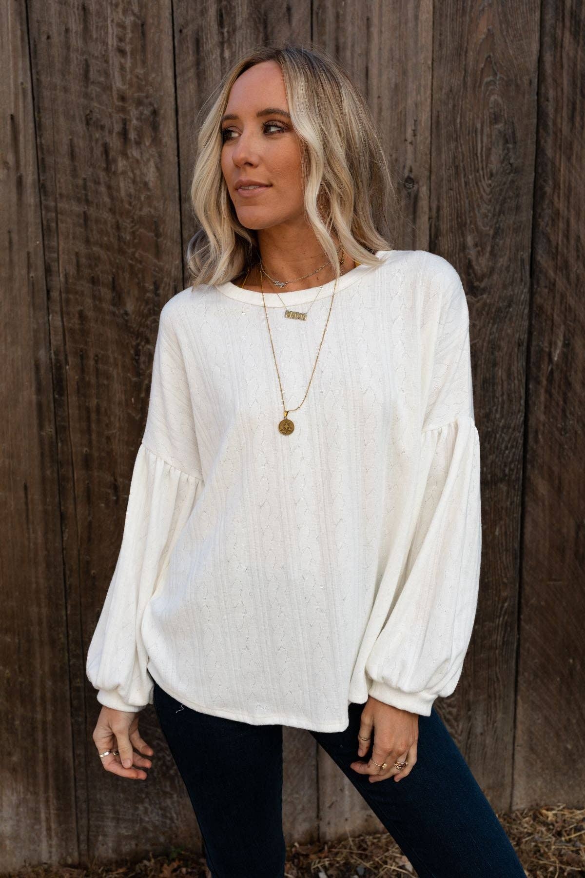 Sweet Heart Balloon Sleeve Knit Sweater - Cream