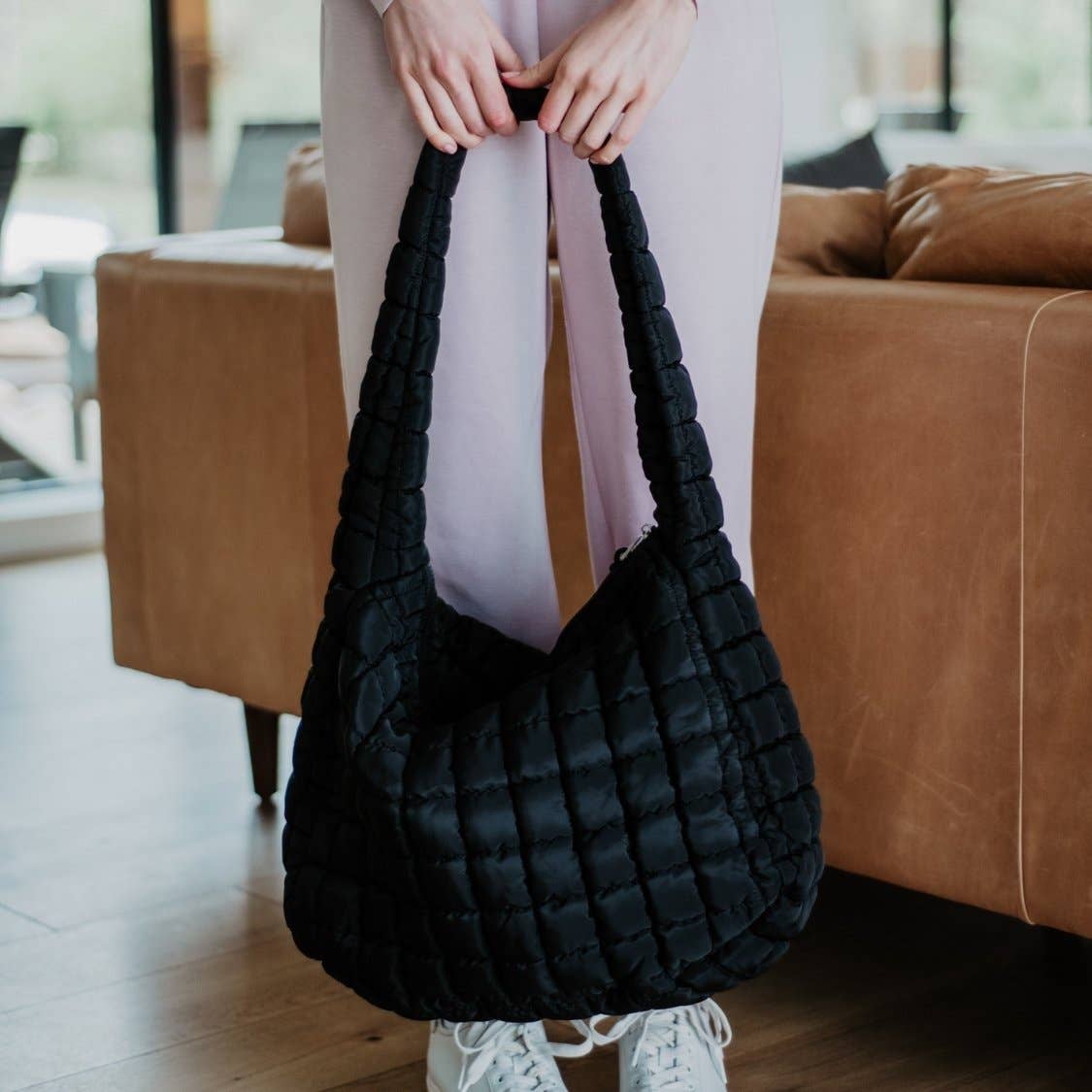 Black Oversized Quilted Hobo Tote Bag