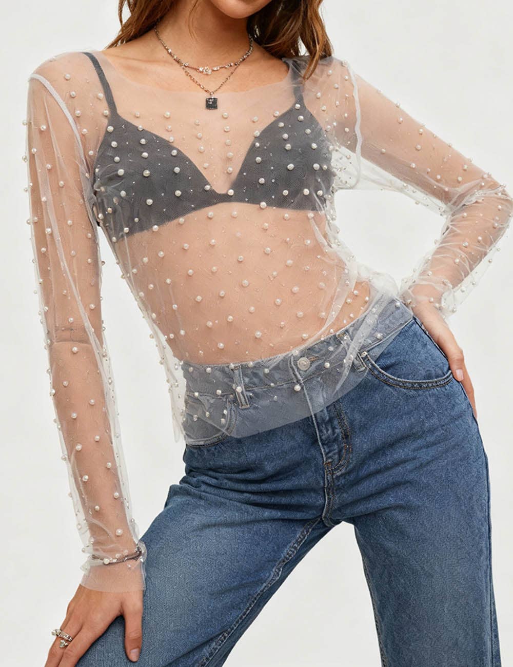 Pearl Rhinestone Studded See Through Mesh Crop Top SKT1976