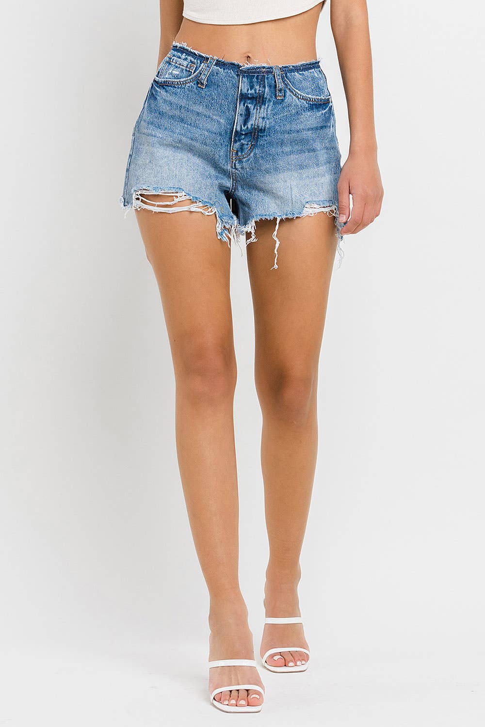 HIGH RISE BANDELSS DISTRESSED SHORTS
