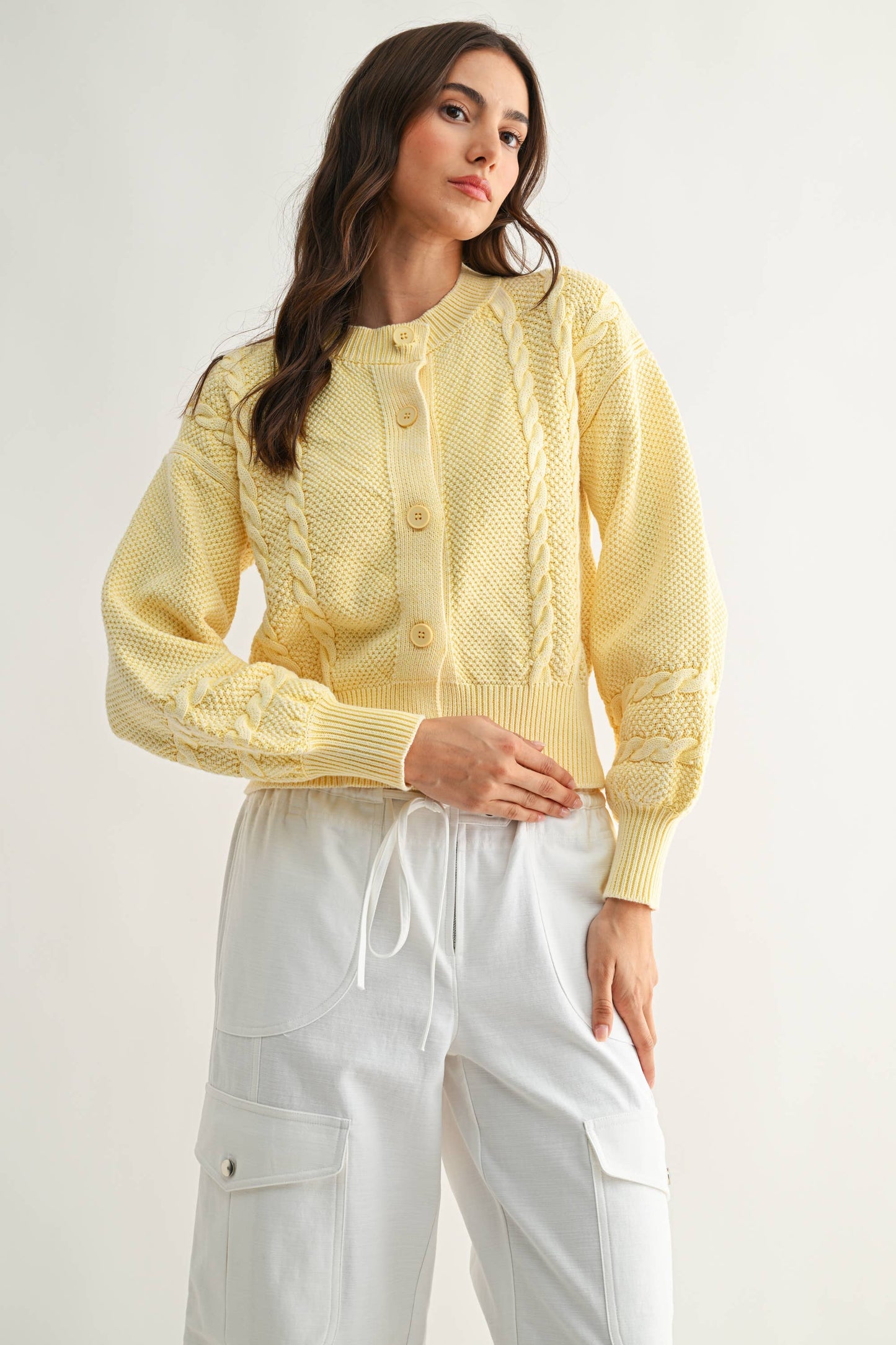 WASHED BLENDED BROWN CABLE KNIT CARDIGAN