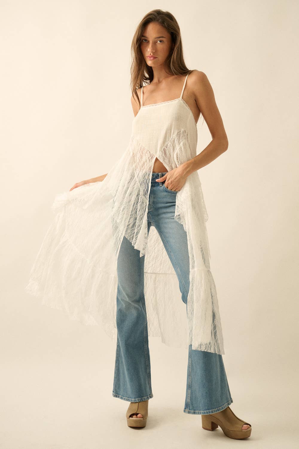 Ruffled Lace Flyaway Maxi Cami Top