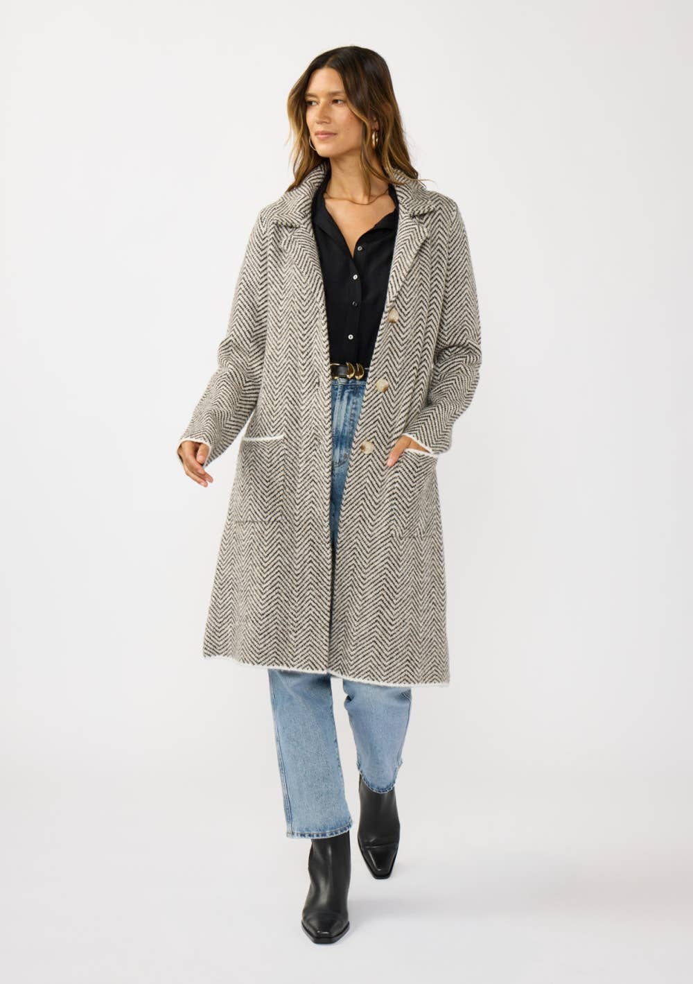 Herringbone Long Sleeve Button Front Coatigan