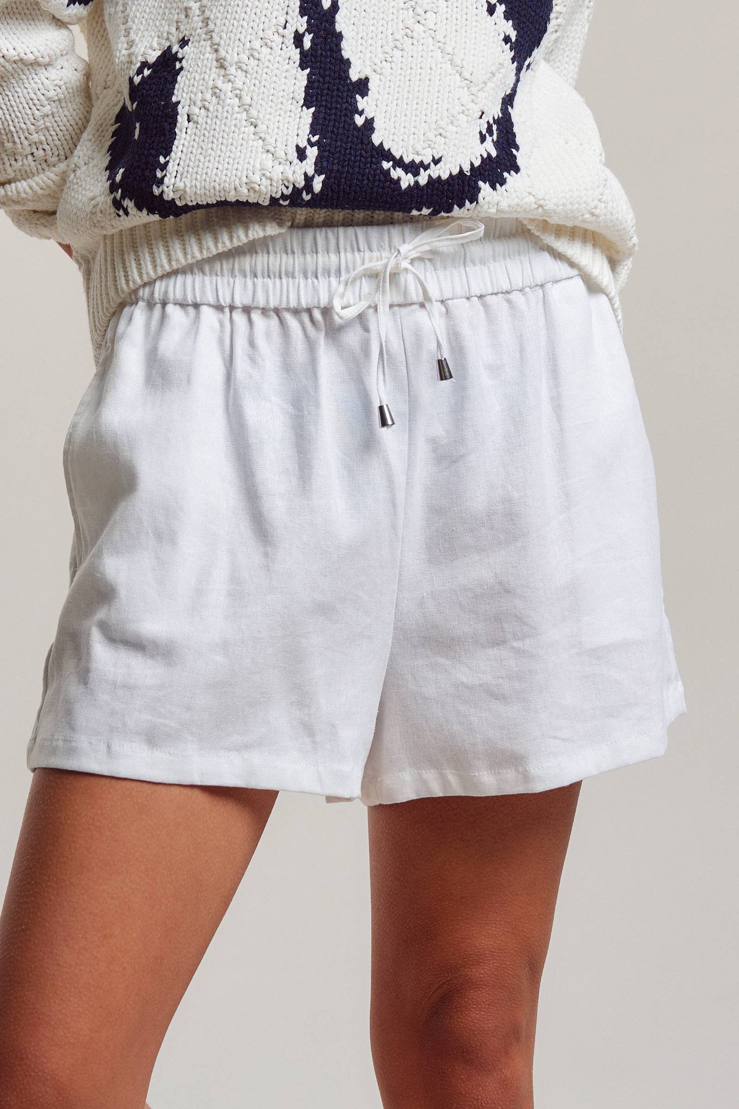 Linen Blend Elastic Waist Drawstring Shorts