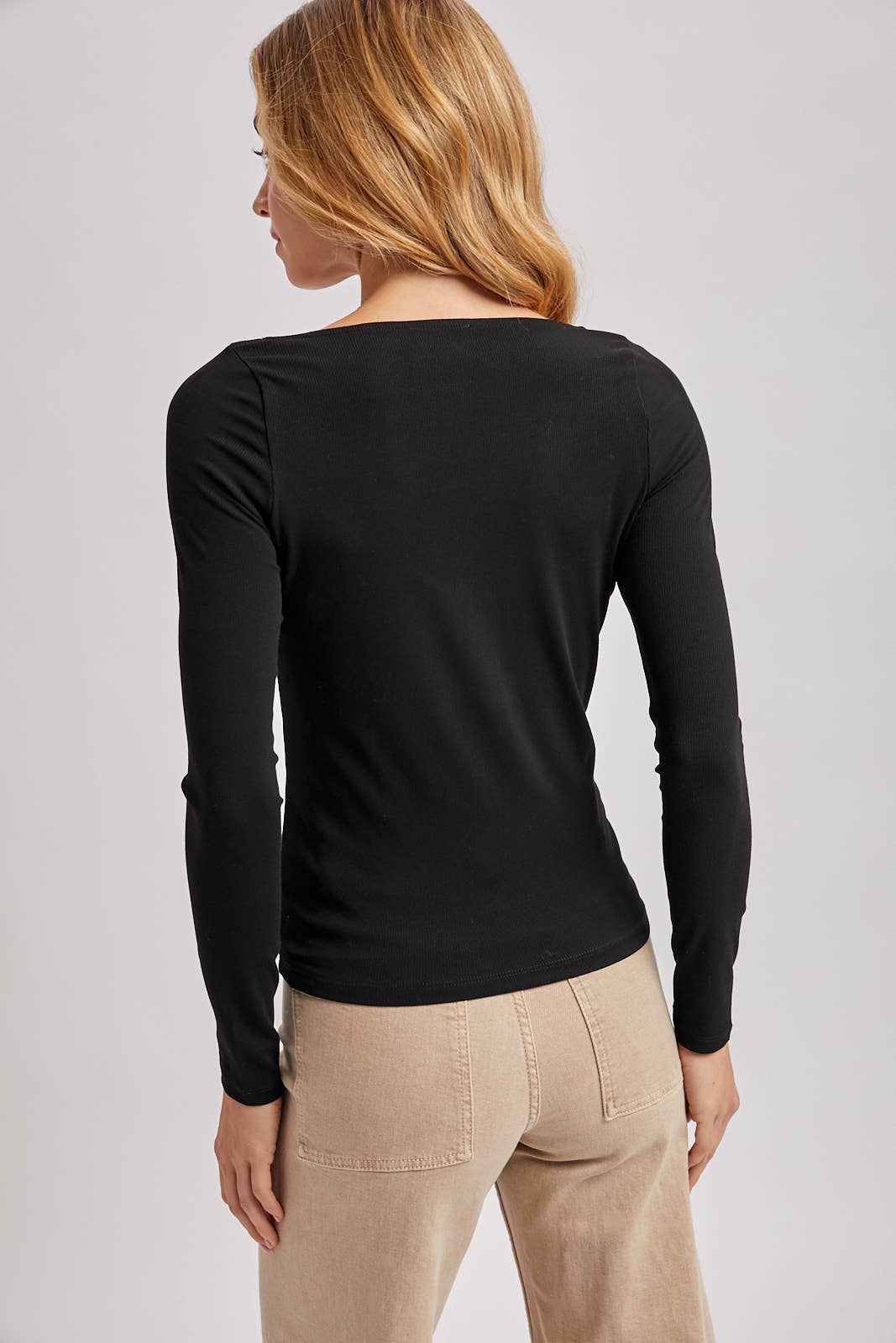 V-NECK LACE TRIM RIBBED KNIT LONG SLEEVE TOP