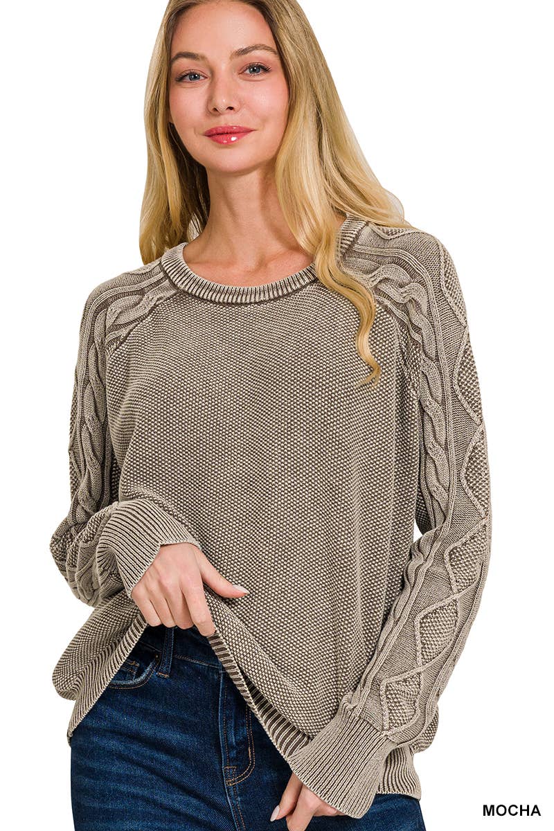Washed Cable Sleeve Crewneck Sweater - Zenana