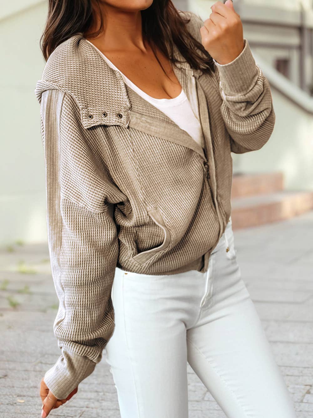 Waffle Splicing Zip Up Front Button Hooded Jacket