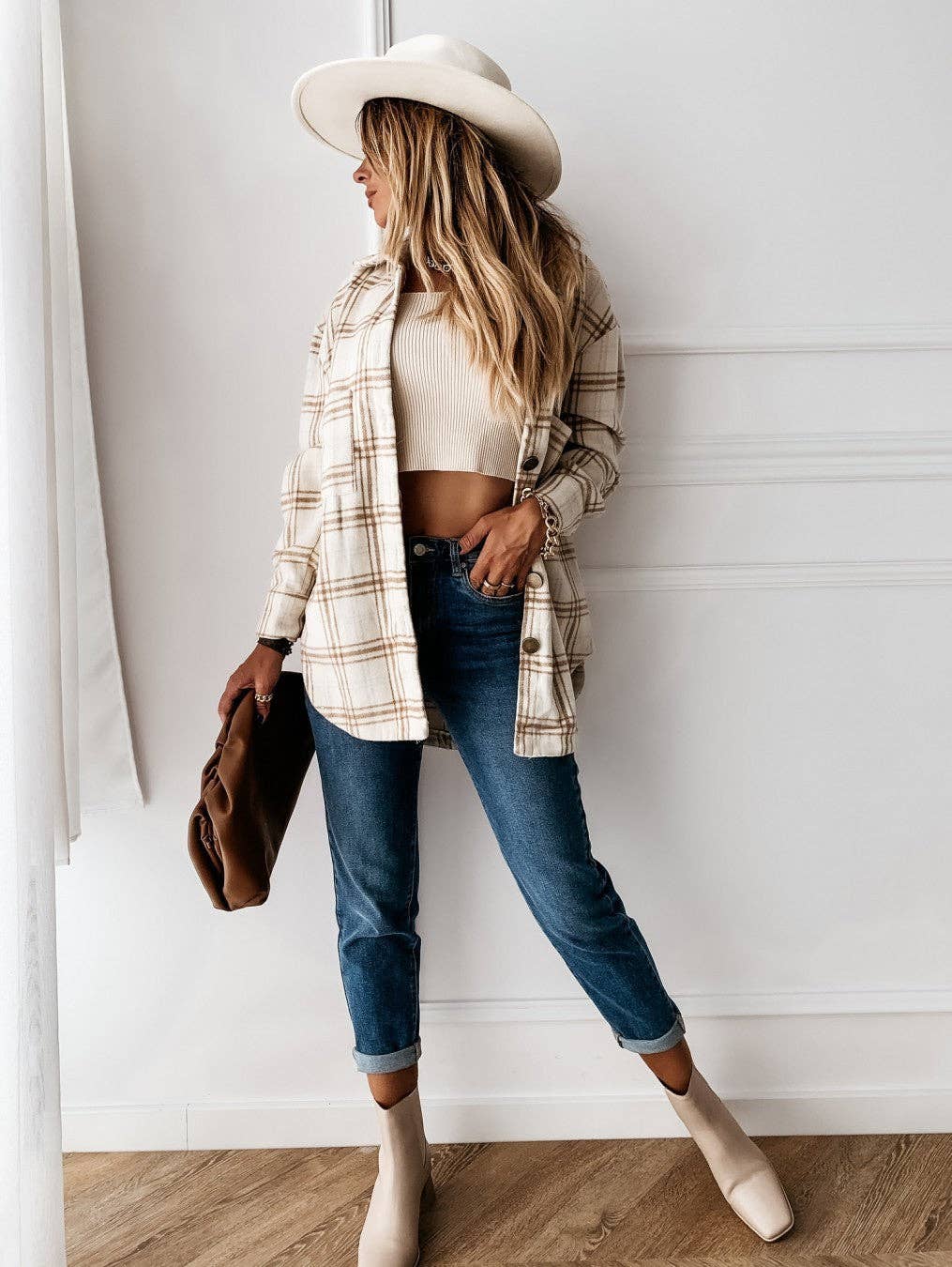 Plaid brushed shacket oversized button front