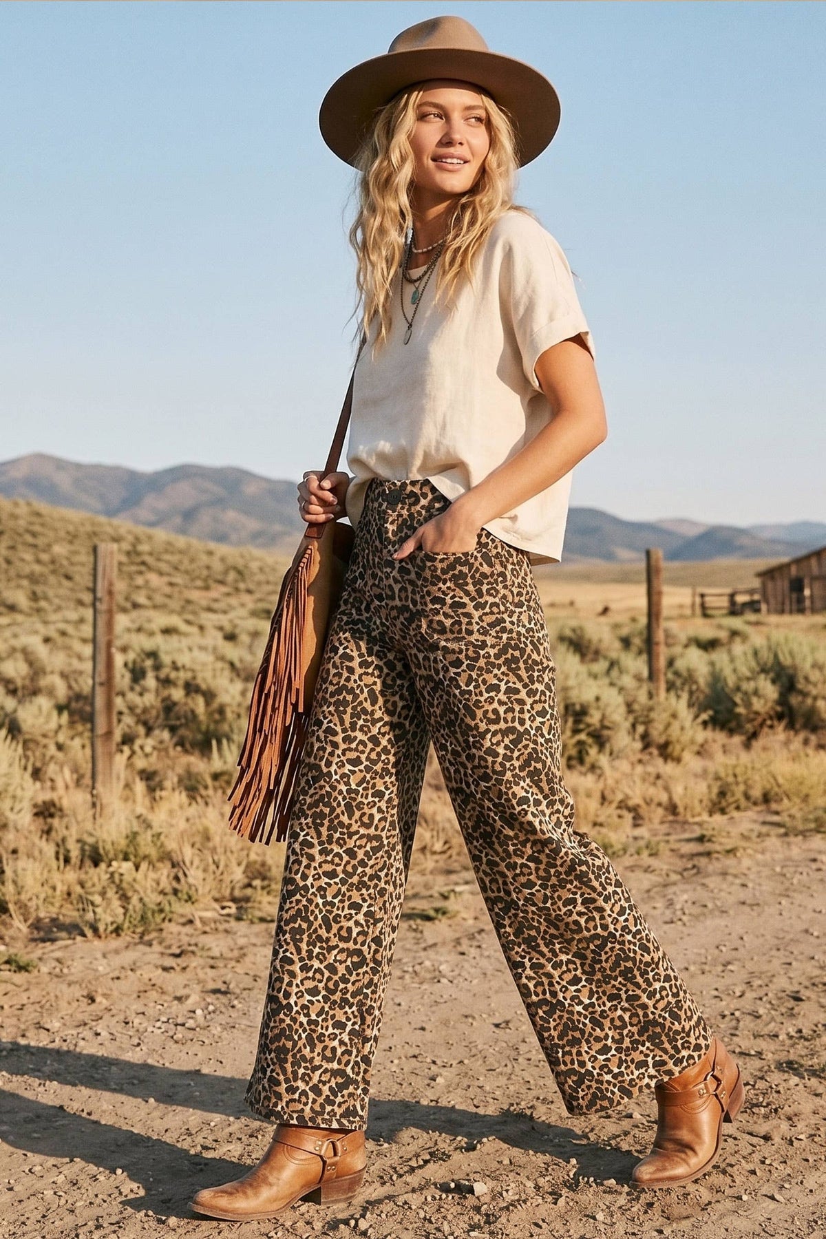 Stretch Twill Leopard Wide Leg Pants