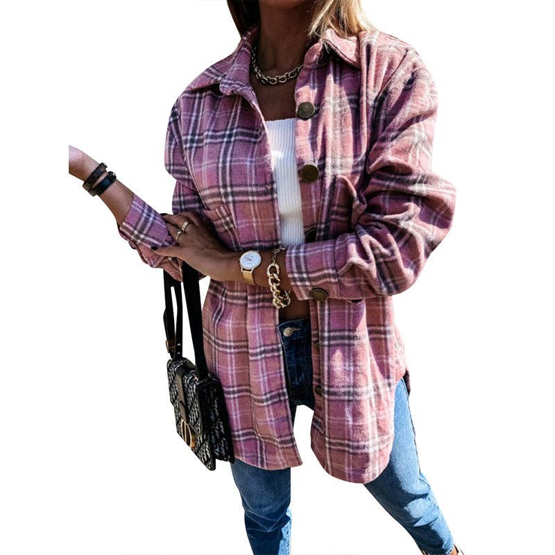 Plaid brushed shacket oversized button front