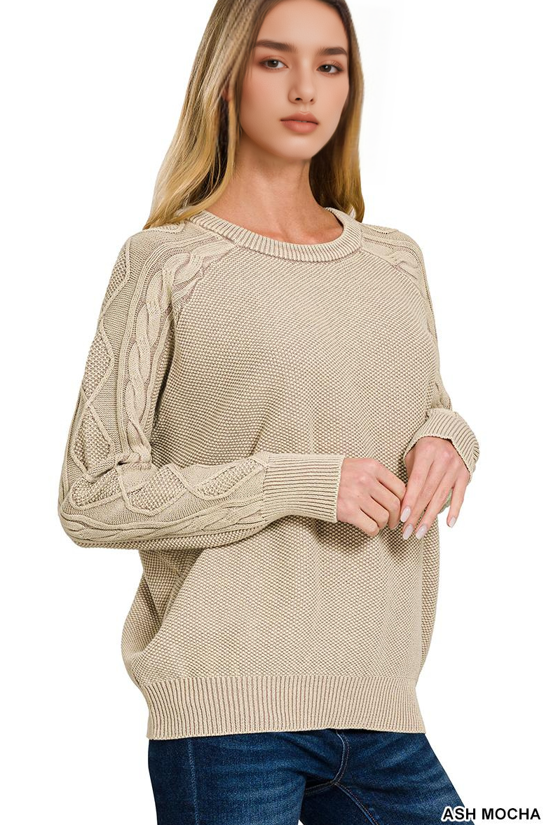 Washed Cable Sleeve Crewneck Sweater - Zenana