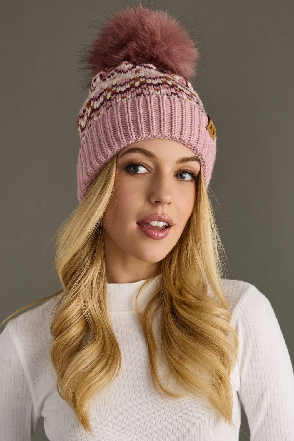 Pink, White & Rust Patterned Pom Hat