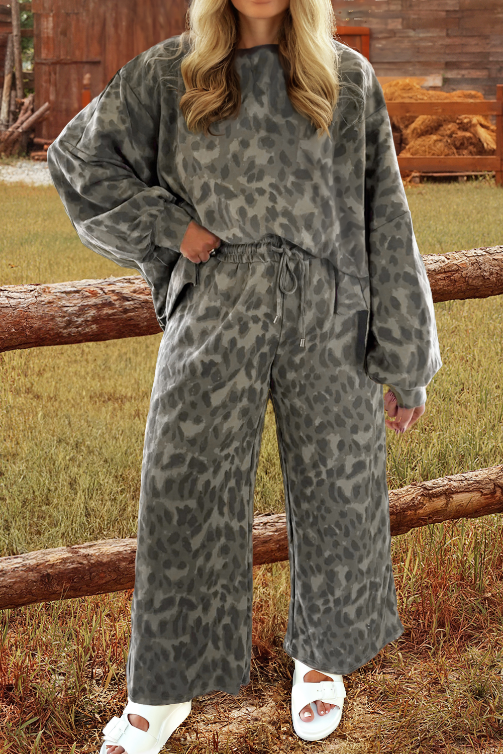 Leopard Raw Seam Patched Pullover Drawstring Loose Pant Set