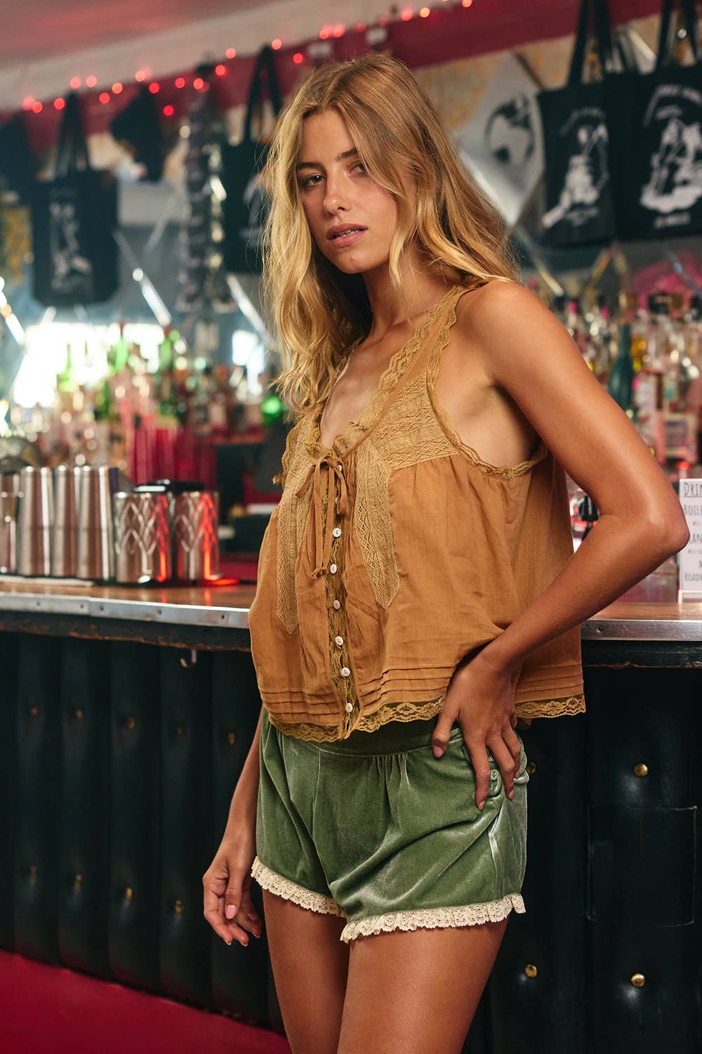 Bow Tie Front Lace Trimmed Tank Top