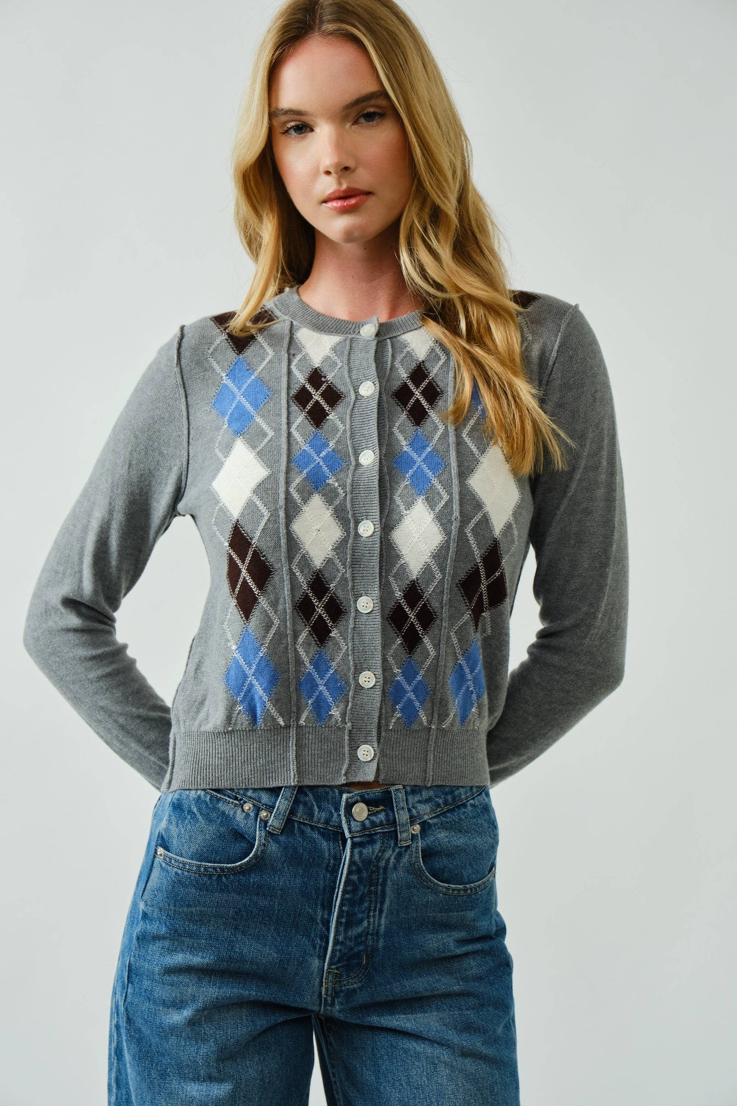 AJT5092 RELAXED FIT ARGYLE SWEATER CARDIGAN