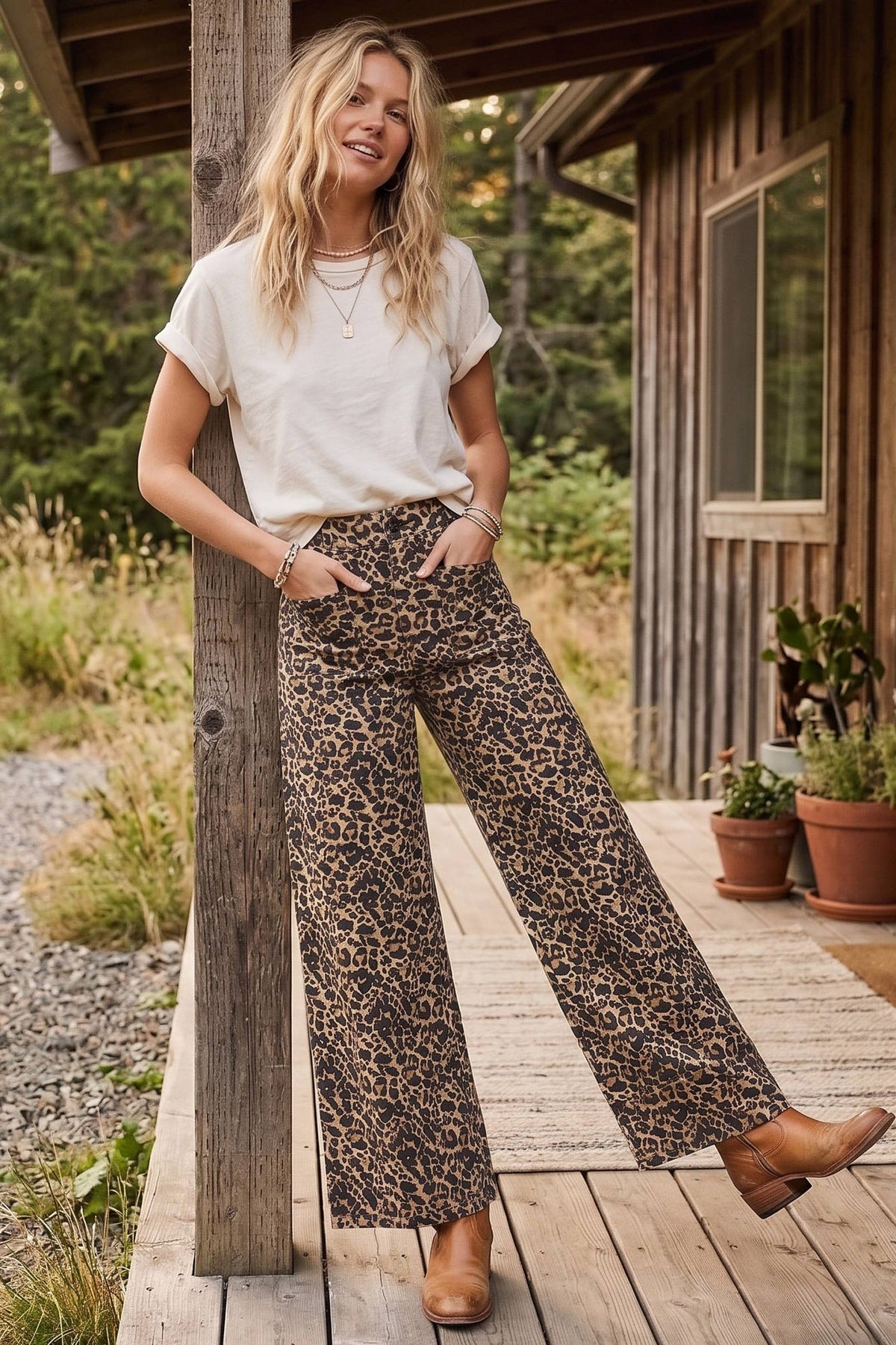 Stretch Twill Leopard Wide Leg Pants
