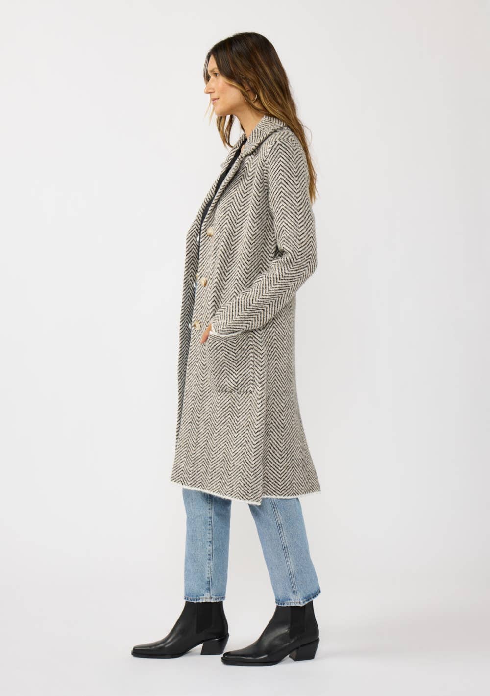 Herringbone Long Sleeve Button Front Coatigan