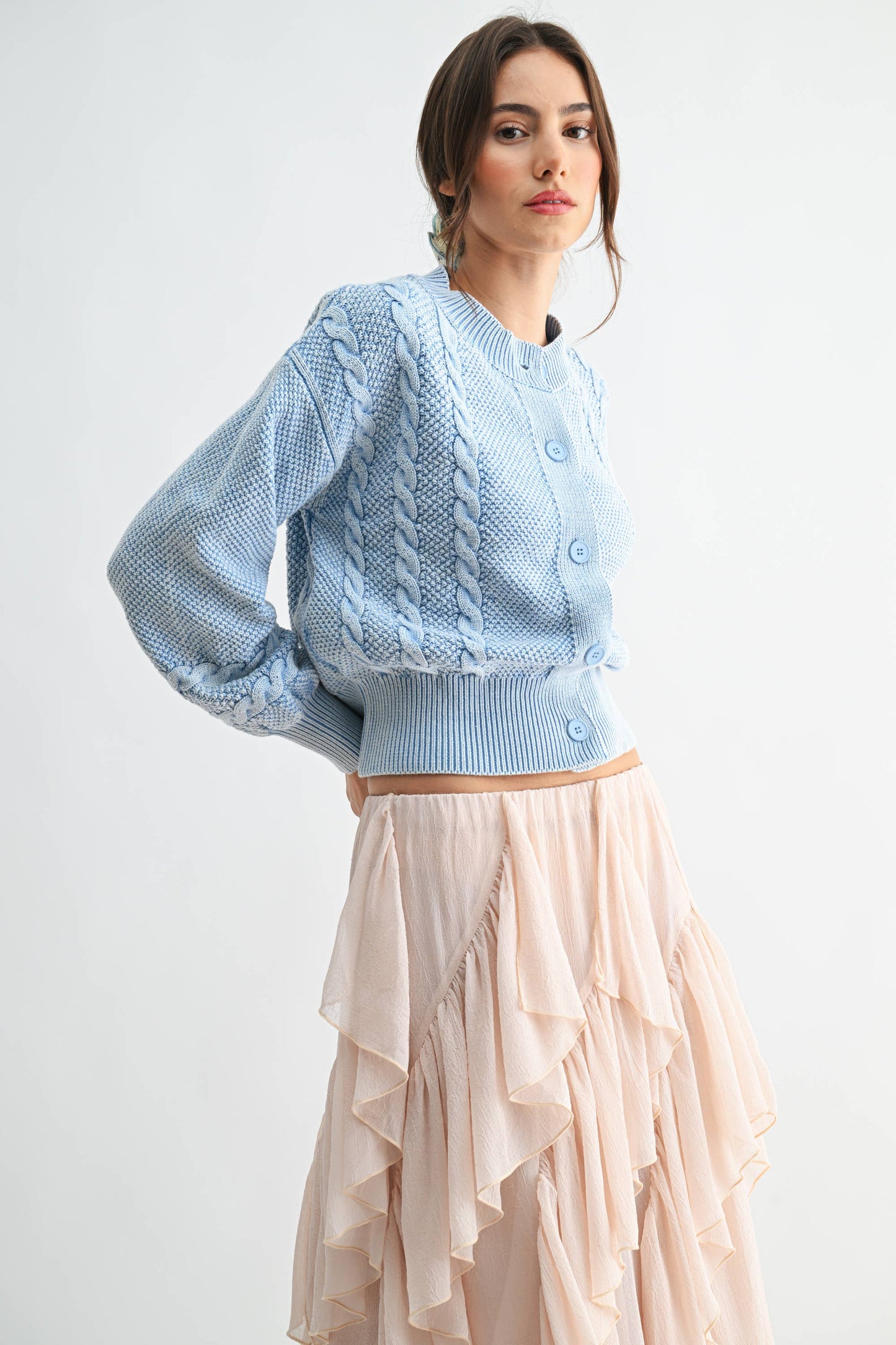 WASHED BLENDED BROWN CABLE KNIT CARDIGAN