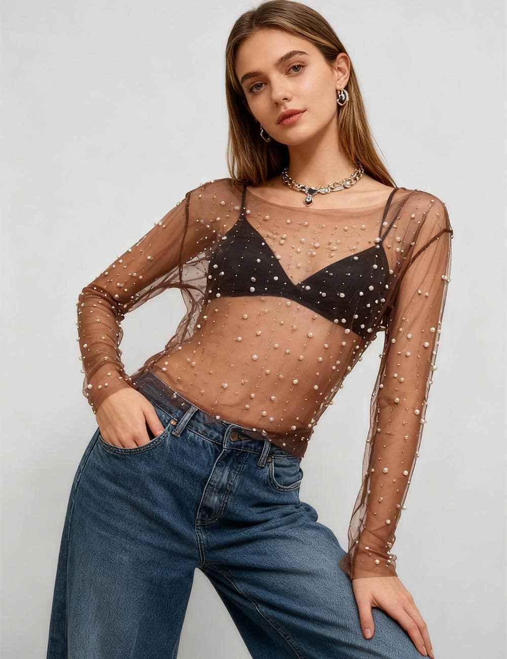 Pearl Rhinestone Studded See Through Mesh Crop Top SKT1976