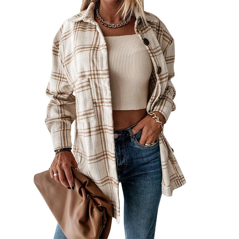 Plaid brushed shacket oversized button front